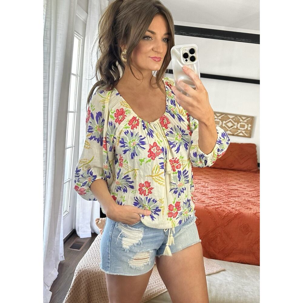 Ralph Lauren Denim & Supply Cotton Blend Floral Boho Balloon Sleeve Blouse
